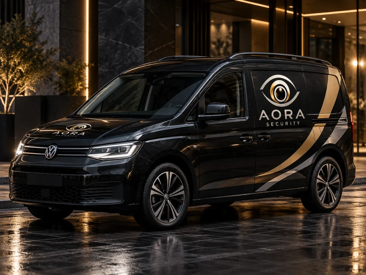Zwarte Volkswagen Caddy van AORA Security met het AORA-logo op de zijkant, geparkeerd voor een modern kantoorgebouw